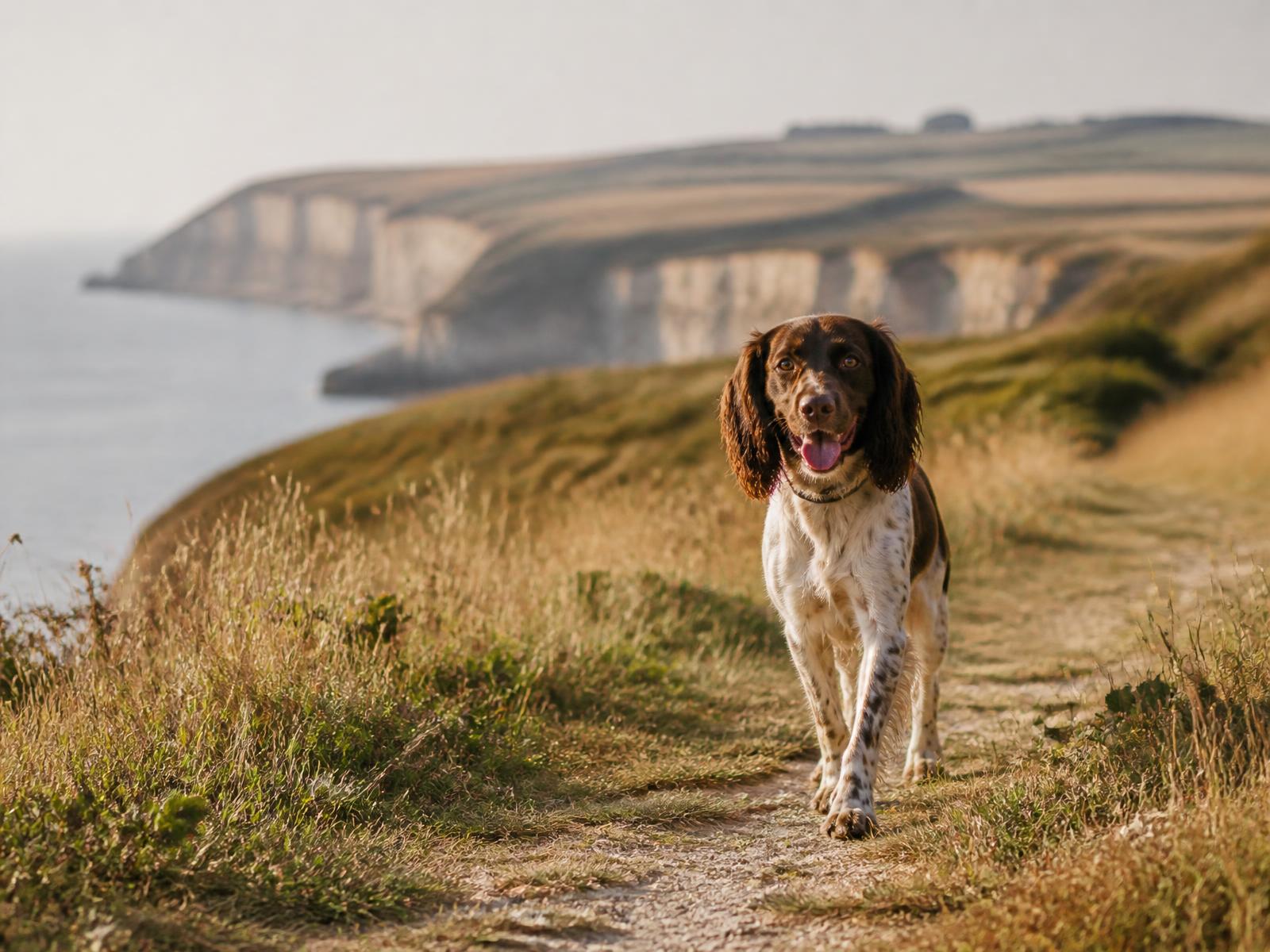 Spaniel on a grassy coastal path with white cliffs and the sea behind