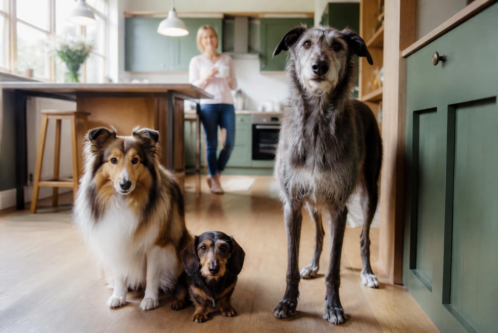 Three dogs of different sizes waiting together in a family kitchen