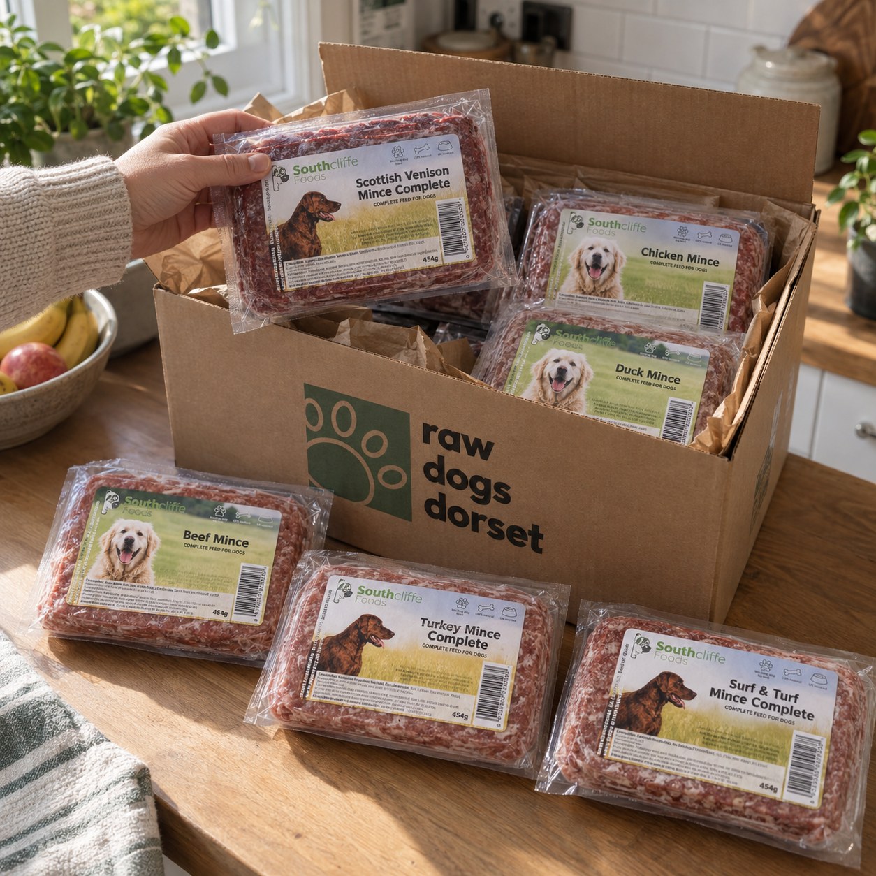 A Raw Dogs Dorset delivery box on a kitchen worktop, packed with raw mince and complete meals