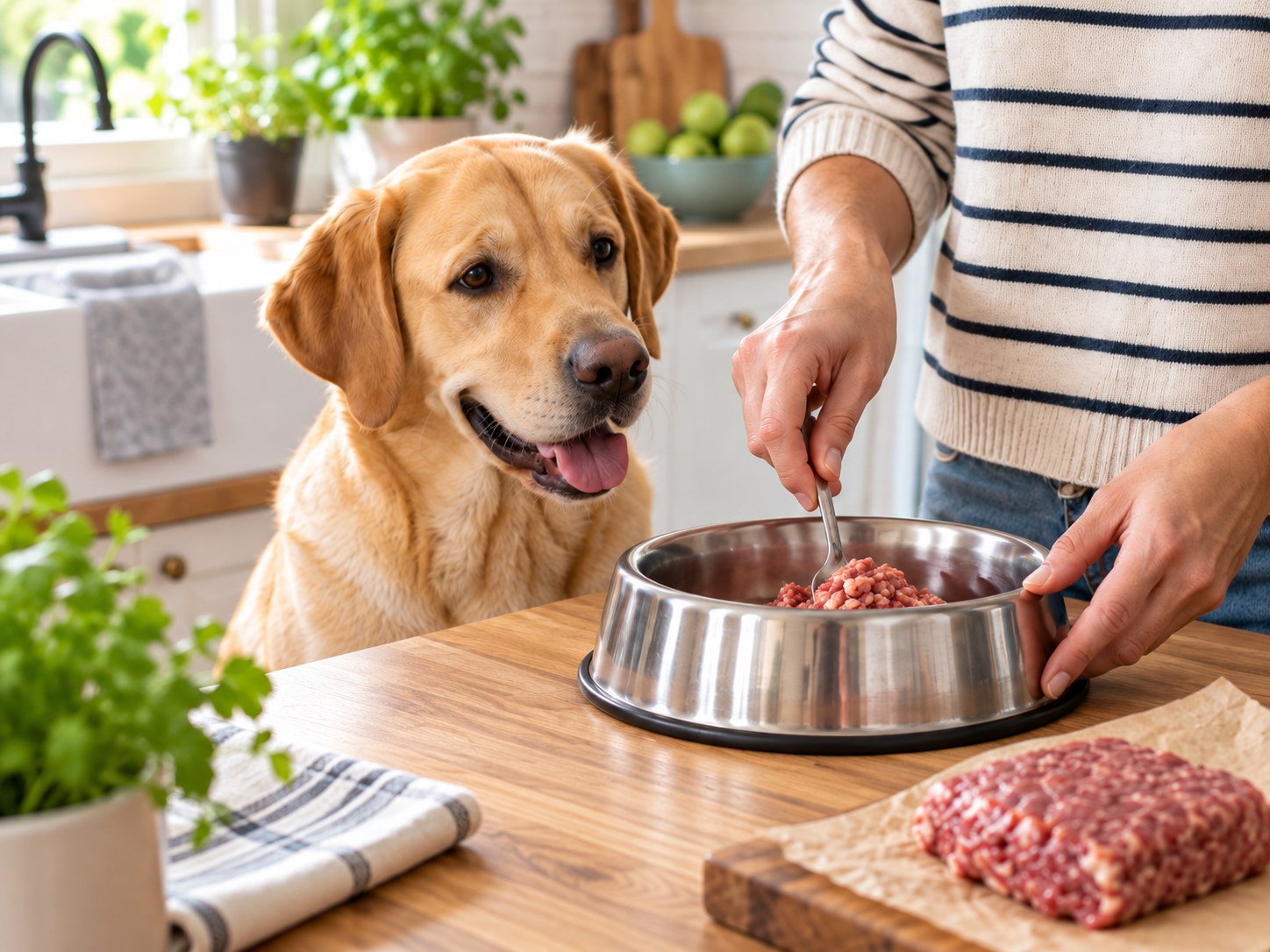 Yellow Labrador watching a bowl of raw food being prepared in a kitchen