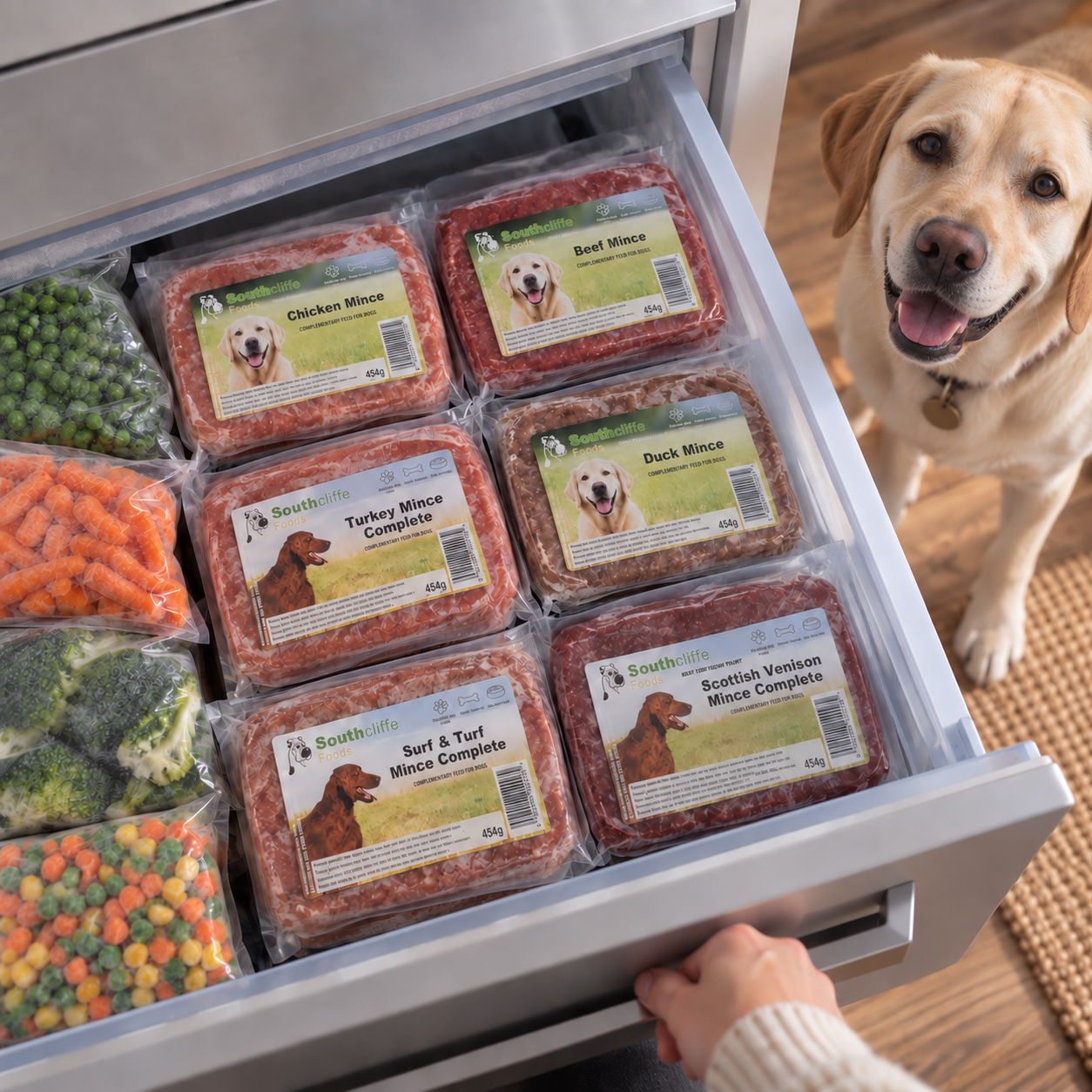 Frozen raw meals packed neatly in a home freezer drawer