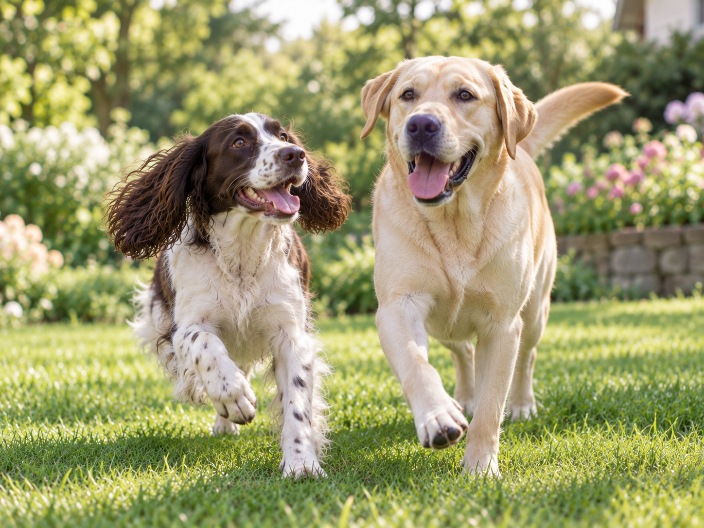 A springer spaniel and a yellow Labrador running together on a garden lawn