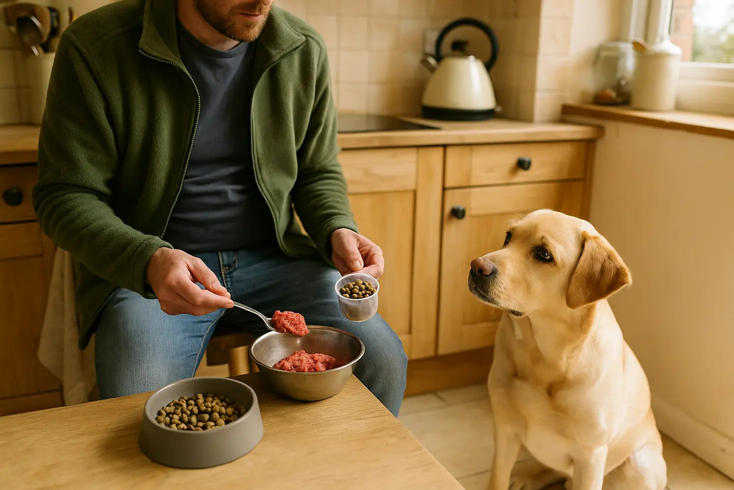 Dog watching its owner prepare raw food and kibble in a kitchen.