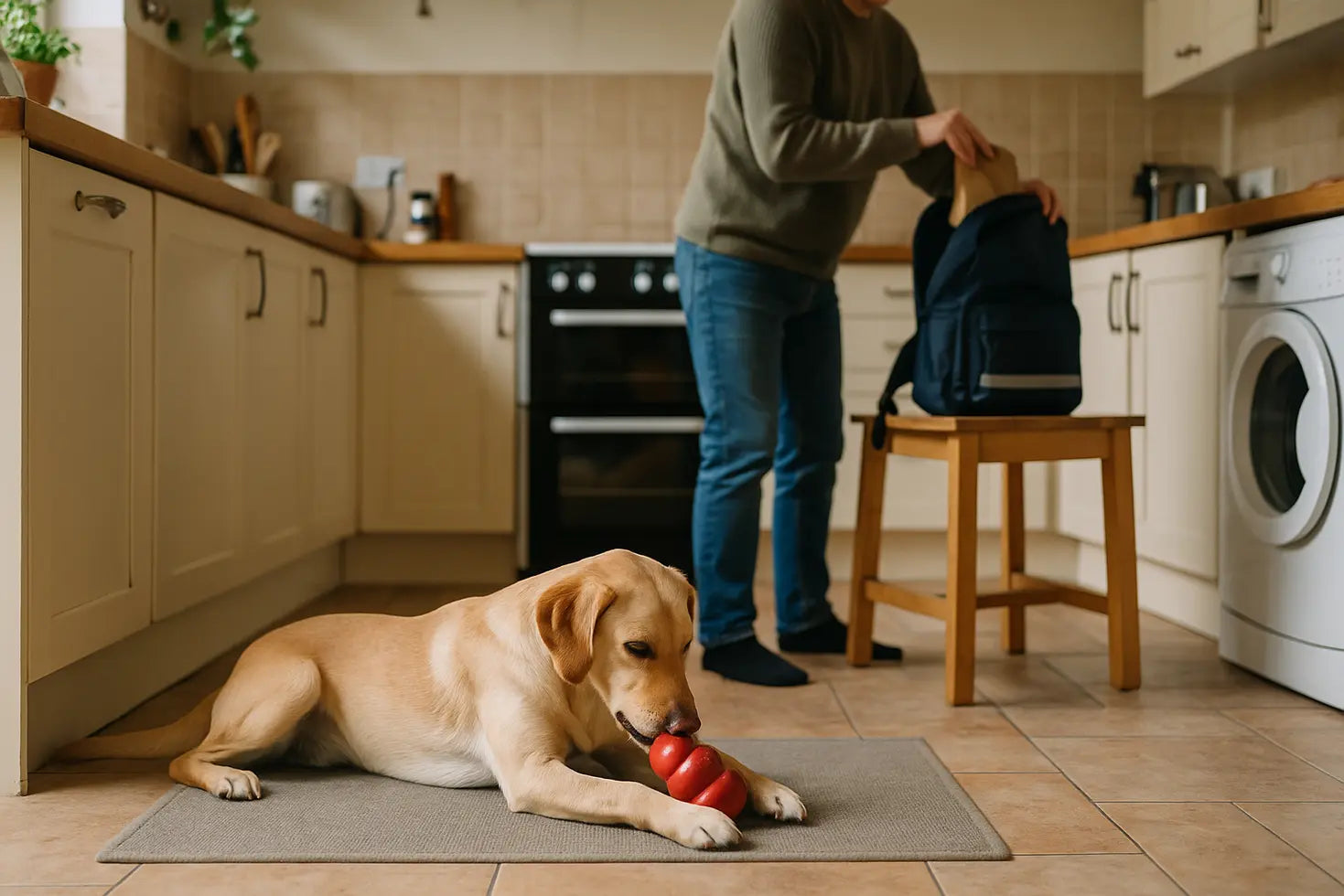 Dog enjoying a food toy in a family kitchen while its owner prepares for the school day.