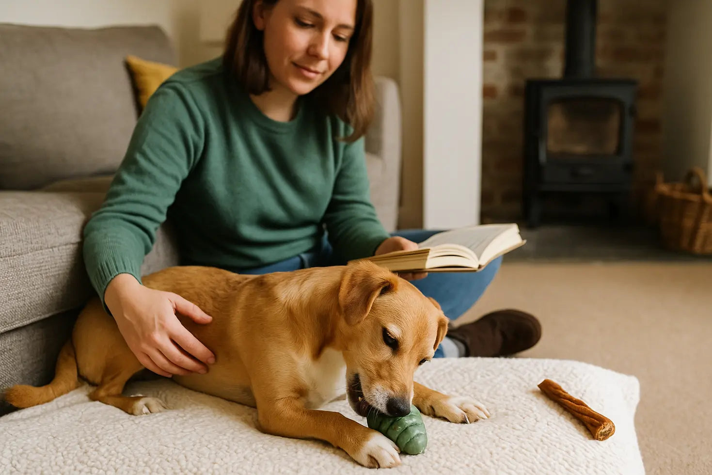 A dog enjoying an enrichment toy beside its owner at home before fireworks season.