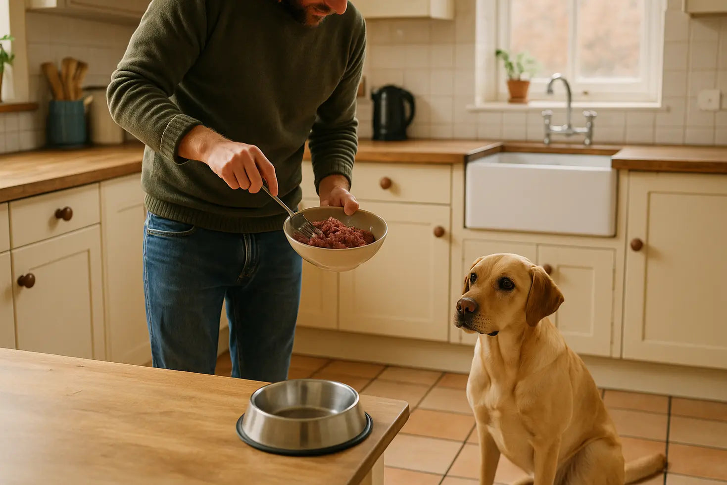 Dog owner preparing a raw meal while a dog waits beside its bowl in a kitchen.