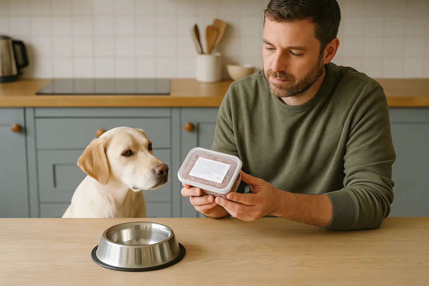 Dog owner checking a raw dog food label in a kitchen while their dog waits nearby.
